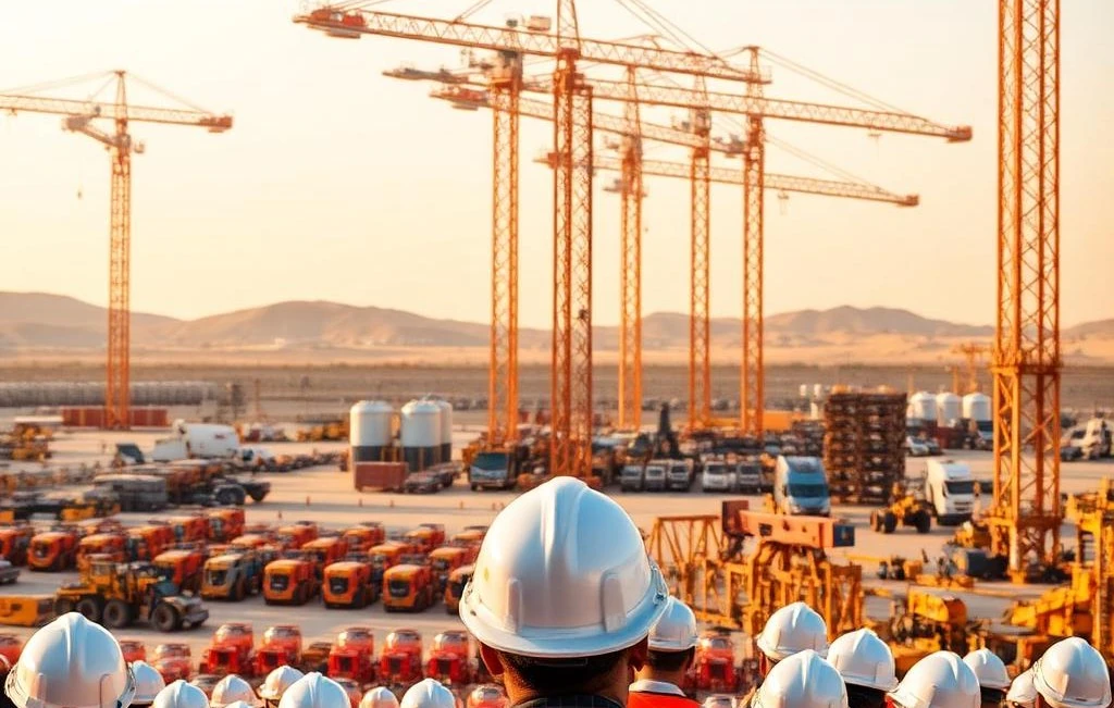 Construction site with cranes and safety helmets